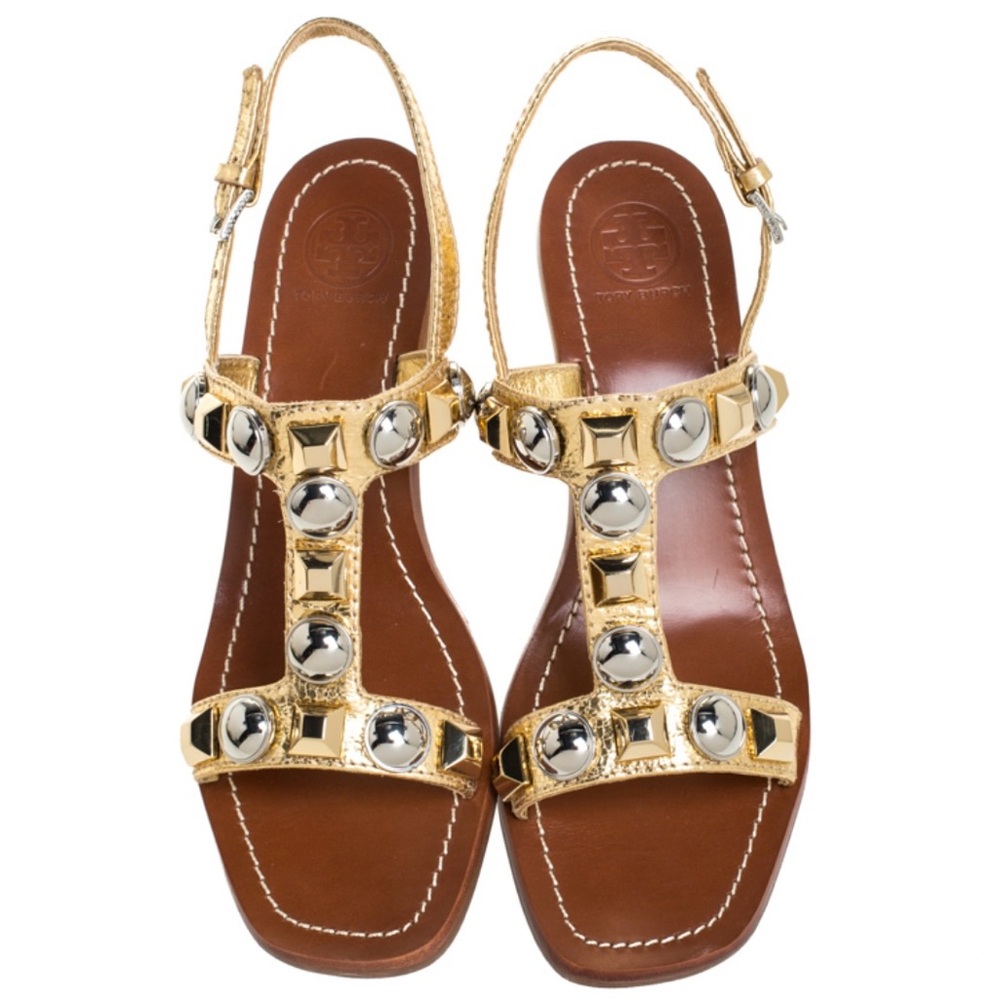Tory Burch Natalie Gold & Silver Studded Leather Sandals Sz 5 M Block Heel
